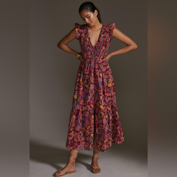 ❌❌SOLD❌❌ANTHROPOLOGIE The Peregrine Midi Dress medium in purple motif - Picture 3 of 14